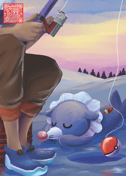 Digital painting of Popplio, a cute circus seal Pokémon. It is sleeping on a frozen lake next to its trainer. Only the legs and hands of the trainer are visible, but they appear to be holding a fishing line and dangling a lure and Pokéball into a hole in the ice.