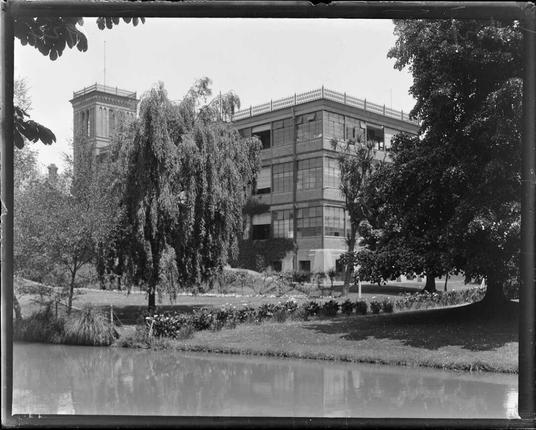 Black-and-white photo: Christchurch Hospital, beside the Avon river. 1924. Photographer, Samuel Heath Head. Description: A three-storey building with basement, with a short tower to the left. The north-facing walls seen in the photo are largely windowed. In the foreground is the river, large trees, lawns and gardens. Citation: Head, Samuel Heath, 1868-1948: Negatives. Ref: 1/2-152583-G. Alexander Turnbull Library, Wellington, New Zealand. https://natlib.govt.nz/records/23246945
