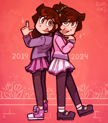 Akaei stands side-by-side with her 2019 self. This Akaei is wearing a purple jacket, pink skirt, black leggings and pink sneakers, while pointing a finger gun up in the air and sticking out her tongue. Modern Akaei is wearing her usual pink sailor suit, with a white skirt with pink accents, black leggings, and black shoes. Modern Akaei is standing in a cute pose, with her chin resting on her hand. The background is a rose color, with white sketches of a brick path below their feet and sketches of roses behind them.