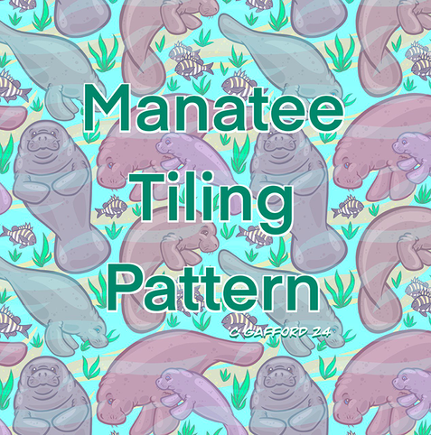 Digital art of manatees swimming on a background of light teal and sand. It's a seamless repeating tile. The manatees are all very toony and seem friendly and playful..there's fish and seagrass in the spaces between the manatees.