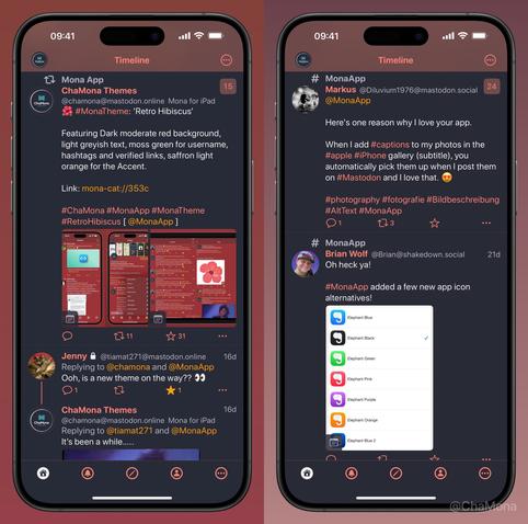 iPhone screenshots of Mona App for Mastodon custom theme called ‘Coral Pink’: Featuring Dark greyish blue background, white smoke text colour, coral pink for accent, coral pink for the accent, usernames and hashtags.