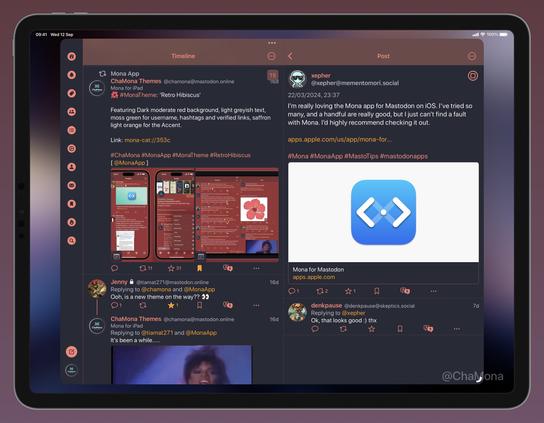 iPad screenshot of Mona App for Mastodon custom theme called ‘Coral Pink’: Featuring Dark greyish blue background, white smoke text colour, coral pink for accent, coral pink for the accent, usernames and hashtags.
