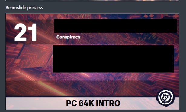 A Revision demoparty beamslide showing a Conspiracy 64k intro.
