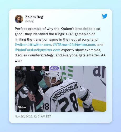 Perfect example of why the Kraken's broadcast is so good: they identified the Kings' 1-3-1 gameplan of limiting the transition game in the neutral zone, and @AlisonL, @JTBrown23, and @JohnForslund expertly show examples, discuss counterstrategy, and everyone gets smarter. A+ work https://t.co/kw4bZ8fKS0