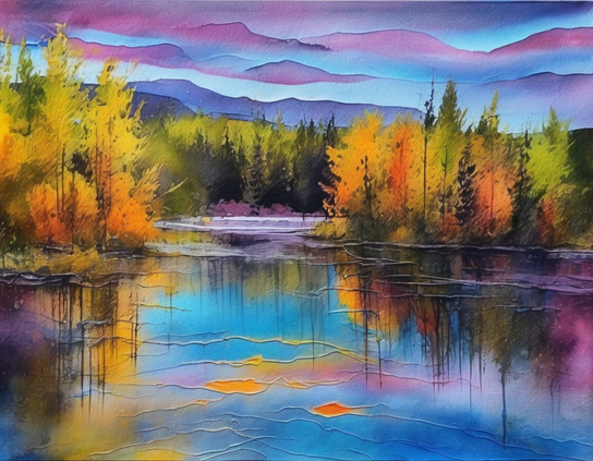 Landscape with mountains, colorful autumn trees, and reflections on water under an afternoon sky.