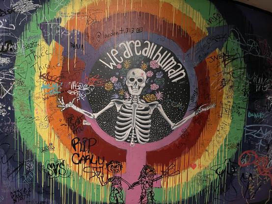 One of the theater-sanctioned graffiti murals features a skeleton at the center of concentric colors. They’re shrugging their shoulders, arms open, while some of the circles widen into symbols of masculine, feminine, and a variety of other similar symbols that are new to and welcome by me