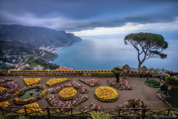 A garden terrace over the Mediterranean and a PinusPinea at Villa Rufolo, Ravello, Amalfi coast, Italy