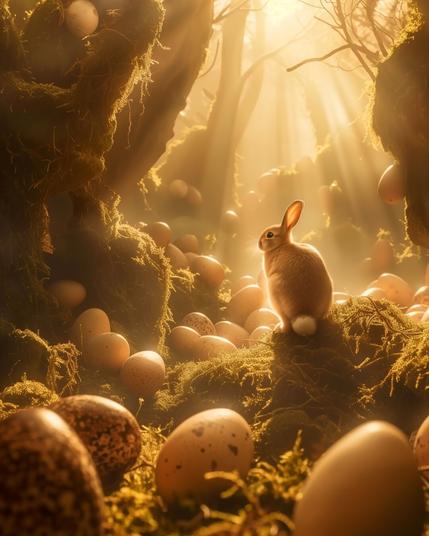 The image shows a soft-toned scene set in what appears to be a magical forest with golden sunlight filtering through the trees. There's a rabbit situated centrally, surrounded by a multitude of eggs scattered across the mossy forest floor. The image evokes a sense of enchantment and the richness of spring.