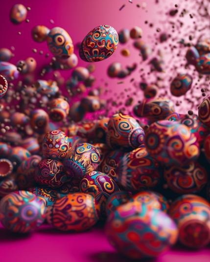 The image features an array of vibrant, patterned spheres reminiscent of decorated Easter eggs. They vary in size and are presented against a magenta backdrop, creating a dynamic composition with some spheres in mid-air, suggesting motion as if they are being scattered or are in the midst of an explosion. The pattern work is intricate, with a lively mix of warm colors that stand out against the background, providing a sense of energy and playfulness.