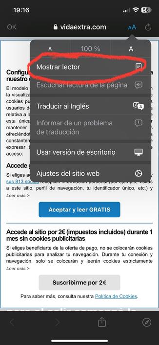 Captura de pantalla del navegador web en iOS accediendo a vidaextra.com y el menú de opciones desplegado con la opción “Mostrar lector” destacada en rojo.