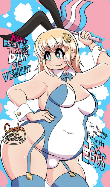 A chubby blonde blue eyed trans girl wearing a playboy bunny outfit. It is blue and white. She is holding a transgender flag on her right hand. She has her left hand on her hip. The text on the drawing says “happy Easter + trans day of visibility” and “two holidays about rebirth and eggs”