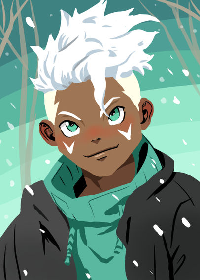Portait of a black boy with white hair and white marks on his cheeks. It snows.