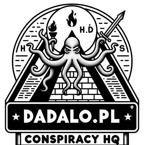 logo piramida z ośmiornicą trzymającą pochodnię i miecz na dole napis dadalo, conspiracy hq, stylizowane na masońskie