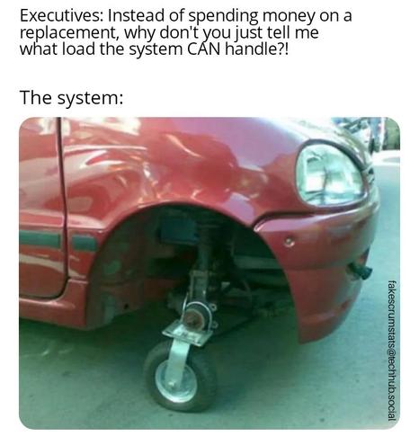 Caption:
 Executives: Instead of spending money on a replacement, why don't you just tell me what load the system CAN handle?!

 The system:


There is a photo of a caster wheel in place of a car's front passenger side tire.