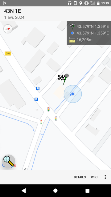 Geohashdroid screenshot showing my gps position some 16 meters away from the target