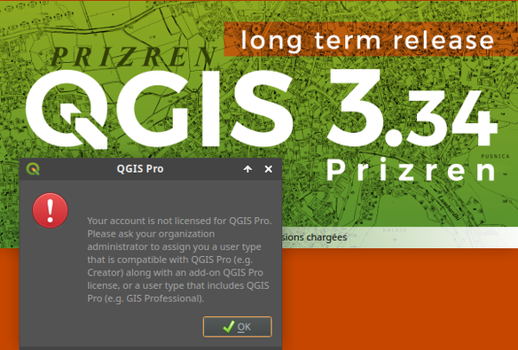 Écran de démarrage de QGIS avec une fenêtre qui s'affiche et explique que la licence QGIS Pro n'est pas active