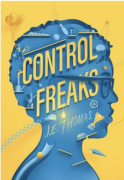 book cover. Blue silhouette of a boy's head wearing glasses against a yellow background. Inside the head are gadgets & objects such as scissors, gears, bowling pins, balls, etc.to create a Rube Goldberg type machine.