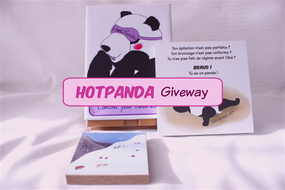 HotPanda giveway: several prizes to win. A printed canvas with the logo of the HotPandas, a lightweight PVC and polystyrene tile of a panda on the beach, and a smaller one of melamine wood with tiny furballs on skis