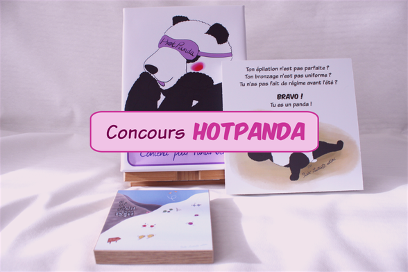 Concours HotPanda, avec différents lots à gagner : une toile imprimée avec le logo des HotPandas, une plaque légère en PVC et polystyrène avec un panda qui kiffe sa meilleure vie sur la plage, et une mini plaque avec des couilles qui font du ski (elles sont super mignonnes et colorées)
