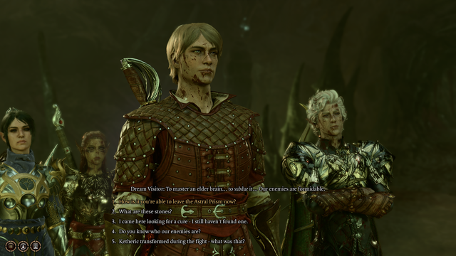 Screenshot from the end of Act 2 from BG3, and it's Hannibal all covered in blood splatters with an equally bloody Astarion, Lae'zel, and Shadowheart behind him.