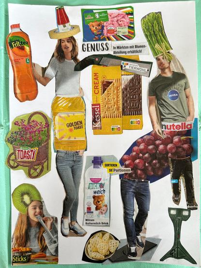 Cut out parts of advertising leaflets of discounters arranged in a different ways.