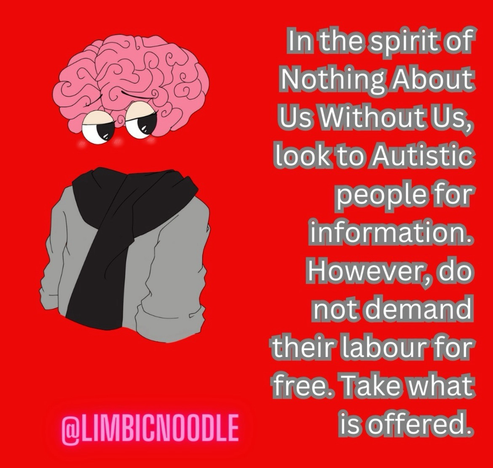 In the spirit of Nothing About Us Without Us, look to Autistic people for information. However, do not demand their labour for free. Take what is offered.