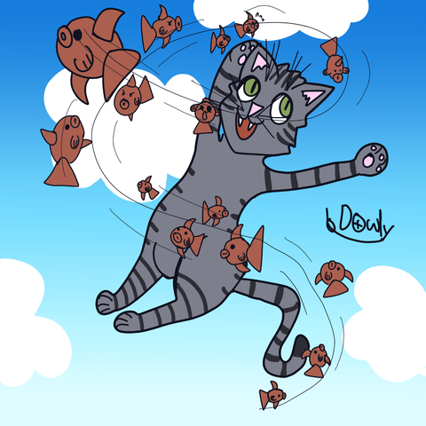Dans un ciel bleu azur avec quelques petits nuages blancs, un chat tigré gris s'amuse à essayer d'attraper des poissons rouges qui virevoltent...