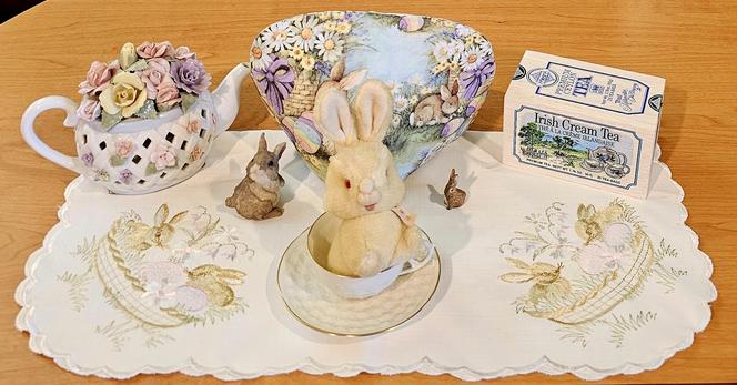 A soft pastel tea tableau for Easter featuring bunnies and Irish Cream black tea from New English Teas