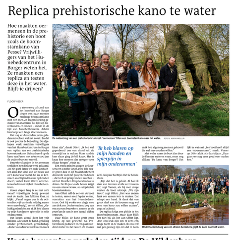 Artikel Dagblad van het Noorden met titel "Replica prehistorische kano te water"