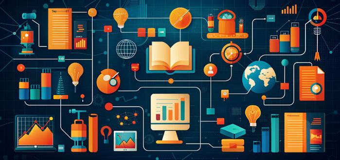 Netzwerk mit Büchern, Computermonitor, Kugeln, Glühbirnen und anderen Symbolen, die auf Wissenschaft referieren
