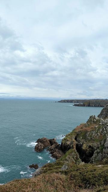 Photo de la côte epuis la pointe du Van. 
On voit des falaises rocheuses et des petites iles