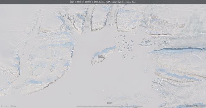 Satellite image of a white snow covered landscape with mountains, valleys and fjords picked out in low-angled sunlights. Glaciers arecalving lagre icebergs into a sea ice covered sea