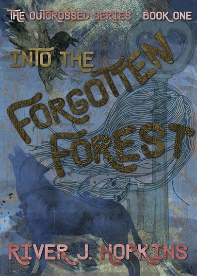 The cover of Into the Forgotten Forest, book one of The Outcrossed Series. It's a bit abstract. There is the outline of a girl on the right with hair flowing to the left. Behind her, a large skeleton key. To the left of her, the silhouette of a howling wolf. Above that, a raven. And behind it all, the faint outline of a set of intricately carved double doors.