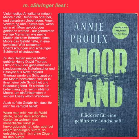 Literaturtable m.zähringer liest
Annie Proulx: Moorlandschaften
Coverabbildung und daneben ein Zitat aus dem Buch