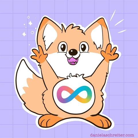 Comic Illustration: A happy little fox with a rainbow colored autism spectrum infinity smybol on its belly.