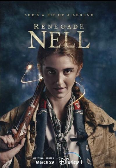 Louisa Harland dressed as an outlaw makes eye contact on the poster of Renegade Nell. A flickering light circles her head.