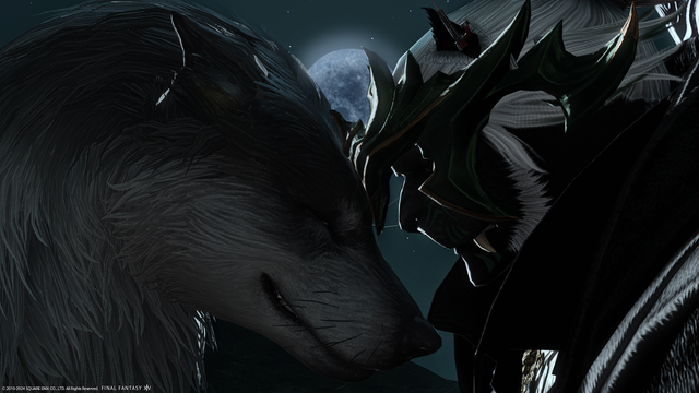 Torgal and A black Hrothgar with white hair and a green tribal tattoo headbutting each other with contentedness while the full moon glows upon them.