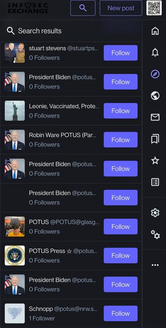 1 of 3 screenshot of searching for " @POTUS" from inforsec.exchange on 04/02/2024
