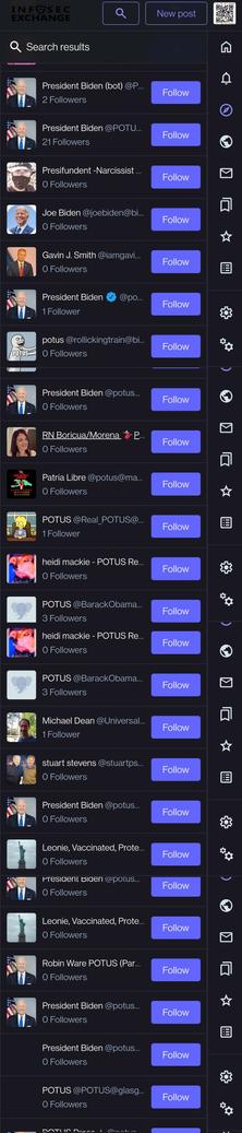 2 of 3 screenshot of searching for " @POTUS" from inforsec.exchange on 04/02/2024