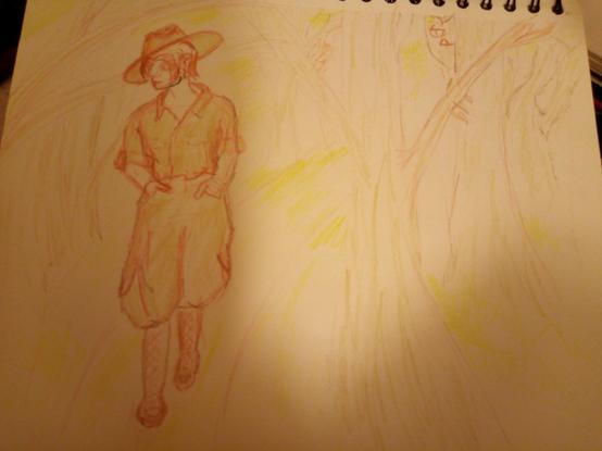 Pencil drawing of a man in old fashioned Park Ranger uniform walking and being followed in the woods