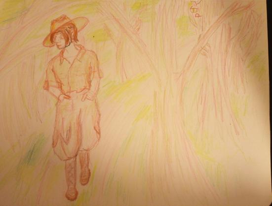 Pencil drawing of a man in old fashioned Park Ranger uniform walking and being followed in the woods