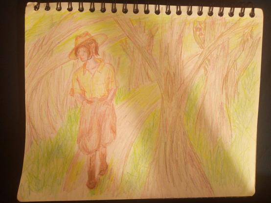 Pencil drawing of a man in old fashioned Park Ranger uniform walking and being followed in the woods