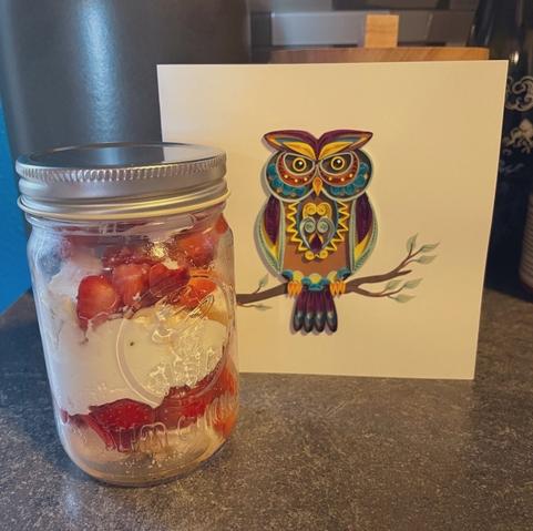 Strawberry cheesecake in a jar and a quill art card of an owl