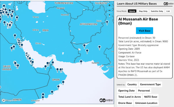 Another screenshot from the mapping application on the page linked in the post. This is the view provided by zooming in around the area of the Straits of Hormuz and shows bases in Saudi Arabia, Oman and other countries. The mouse was hovered over Al Mussanah Air Base (Oman)