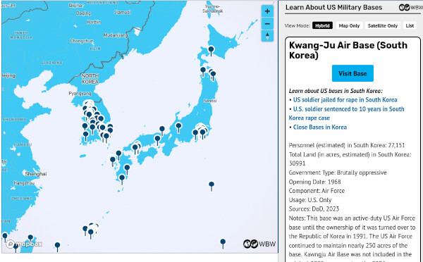Another screenshot from the mapping application from MapBox on the World Beyond War page. Zooming down for a closer view of South Korea and Japan shows a large number of pins. South Korea seems especially overwhelmed with Military Bases. Hovering the mouse over one of the pins in South Korea filled the info box with data for Kwang-Ju Air Base.