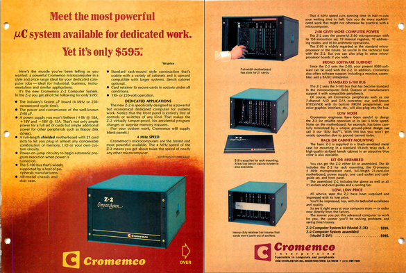 A vintage advertisement for the Cromemco Z-2 Computer System. It features a gradient background from yellow to orange, and includes three images of the computer and its components. The ad highlights the system’s power, affordability, and features such as a 16K Dynamic RAM memory card and a Z80 Processor Unit. The ad also mentions the price of the system at $595 and provides contact information for ordering. The Cromemco logo is prominently displayed in several locations. A yellow arrow points to additional information on another page. The overall theme of the ad emphasizes the system’s capabilities and value for money.