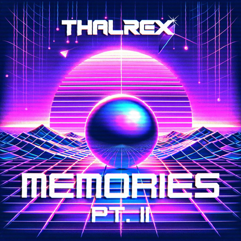 Cover image of "Memories Pt. II", featuring a purple retrowave style sunset in a digital grid landscape with mountains.