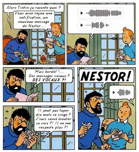 Planche de Tintin détournée :

Tintin a reçu une lettre, le capitaine Haddock (en servant un verre d'alcool) demande :
– Alors Tintin ça raconte quoi ?
– « Vous avez reçu une notification, un nouveau message de Nestor ... »
Le capitaine Haddock lis la lettre en fronçant les sourcils : c'est le logo d'un message vocal avec le bouton “play”, donc on ne sait pas ce qu'il dit.
– Mais bordel !... Des messages vocaux ? DES VOCAUX ?!
Puis en déchirant le courrier:
– Il peut pas taper dix mots ce singe ? J'suis censé écouter sa voix ?! Il ne me respecte plus ?!
Dans la dernière case, Haddock hurle :
– NESTOR !
Non visible, Nestor répond, mais sa bulle contient un message vocal.