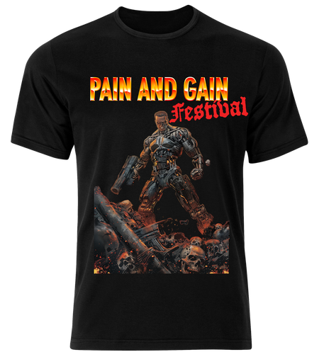 A picture of a festival tshirt for the Pain and Gain festival.