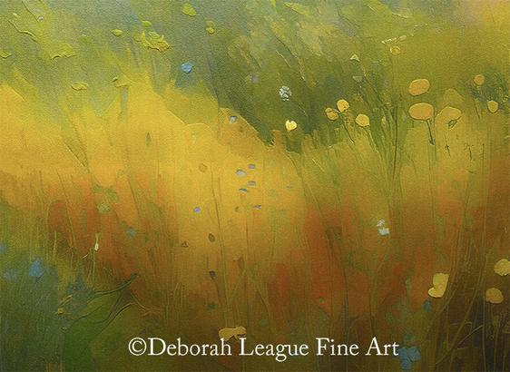 Spring Symphony, floral landscape. Vibrant shades of yellow, green, and touches of blue dominate the scene, evoking a sense of a lively meadow or field. Splashes of color give the impression of blooming flowers and lush vegetation, creating a warm and inviting landscape.